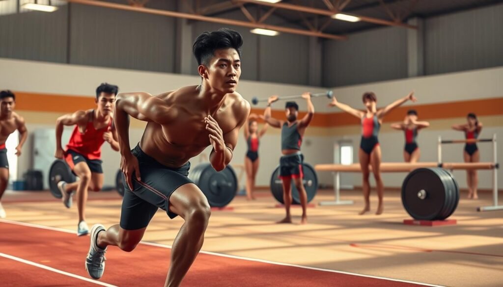 A team of Indonesian athletes training rigorously in a well-equipped sports facility. In the foreground, a sprinter explosively accelerates from the starting blocks, their muscles rippling with power. In the middle ground, weightlifters lift barbells loaded with heavy plates, their faces etched with determined focus. In the background, a group of gymnasts gracefully execute acrobatic routines on parallel bars and balance beams, their bodies moving with fluid precision. The lighting is warm and natural, casting dynamic shadows that accentuate the athletes' sculpted forms. The overall atmosphere conveys a sense of unwavering dedication, as the athletes prepare for the challenges of the Olympic stage.