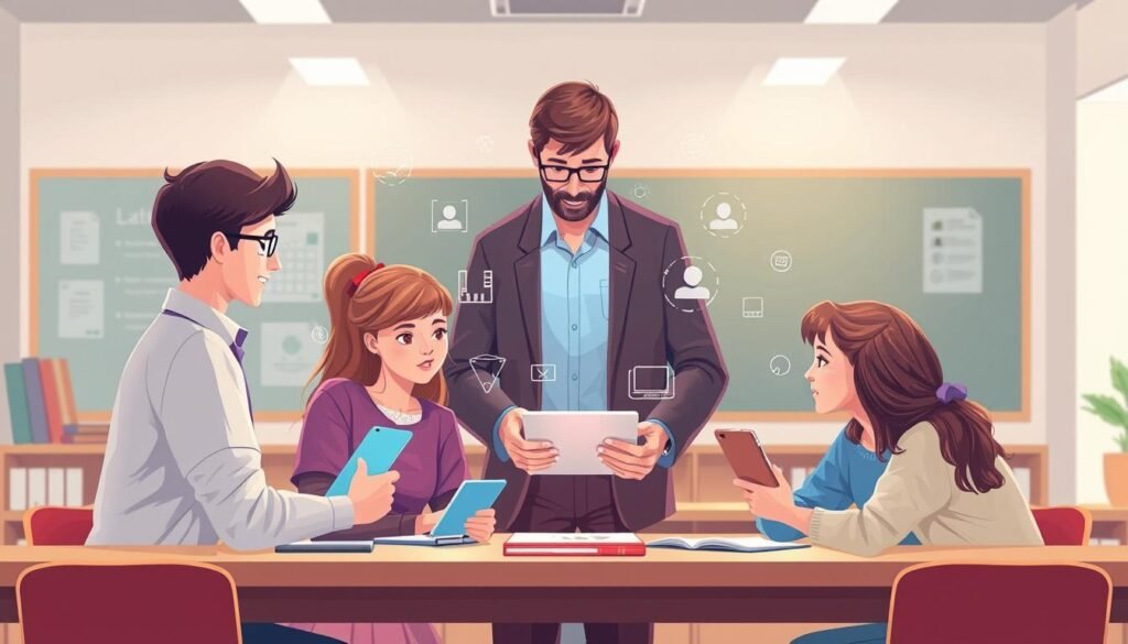 Ilustrasi E-learning sinergis yang menunjukkan perpaduan teknologi digital dan interaksi tatap muka dalam pembelajaran