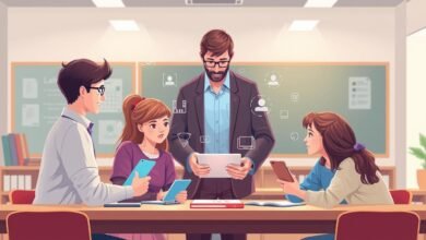 Ilustrasi E-learning sinergis yang menunjukkan perpaduan teknologi digital dan interaksi tatap muka dalam pembelajaran