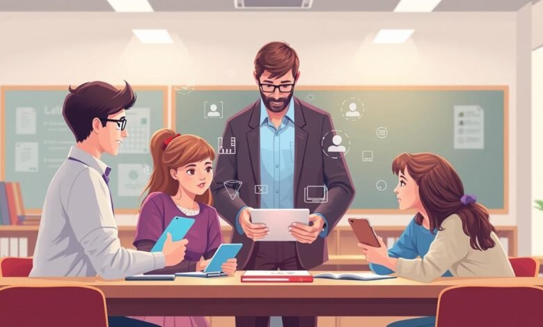 Ilustrasi E-learning sinergis yang menunjukkan perpaduan teknologi digital dan interaksi tatap muka dalam pembelajaran