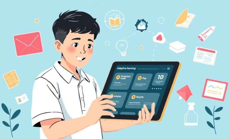 Ilustrasi konsep belajar online adaptif dengan teknologi modern